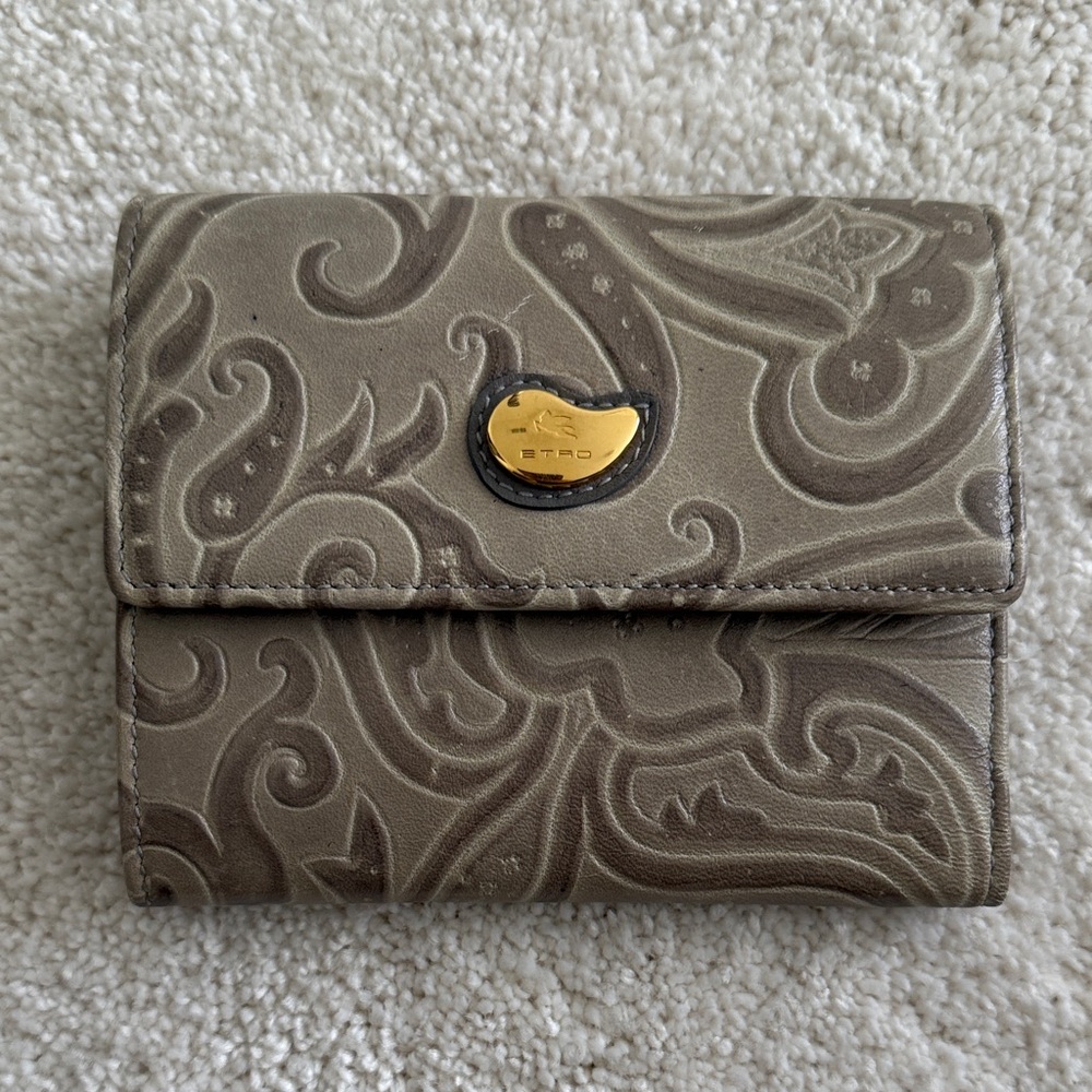 Etro Paisley Embossed Leather Wallet in Green and Gold